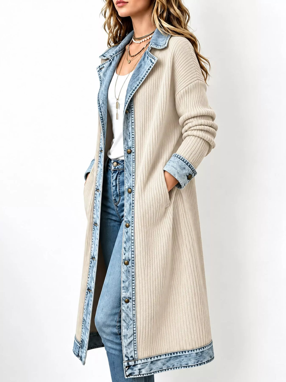 full size denim-trimmed ribbed knit longline cardigan | dropsona - neutral - usage example