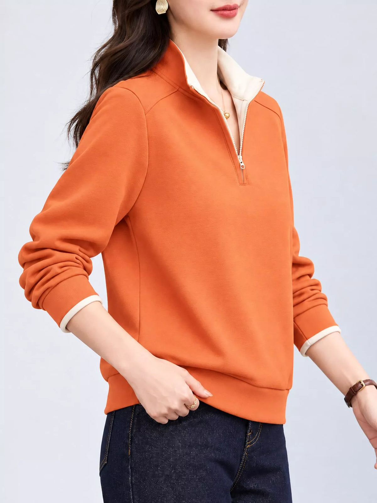 plus size quarter-zip sweatshirt with contrast collar | dropsona - neutral - material texture