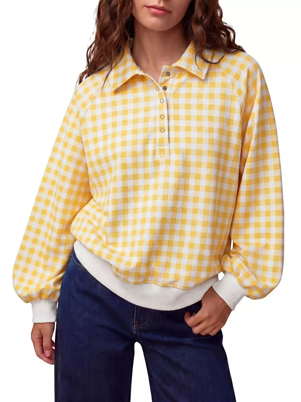 gingham plaid collared sweatshirt with ribbed hem | dropsona - neutral - packaging