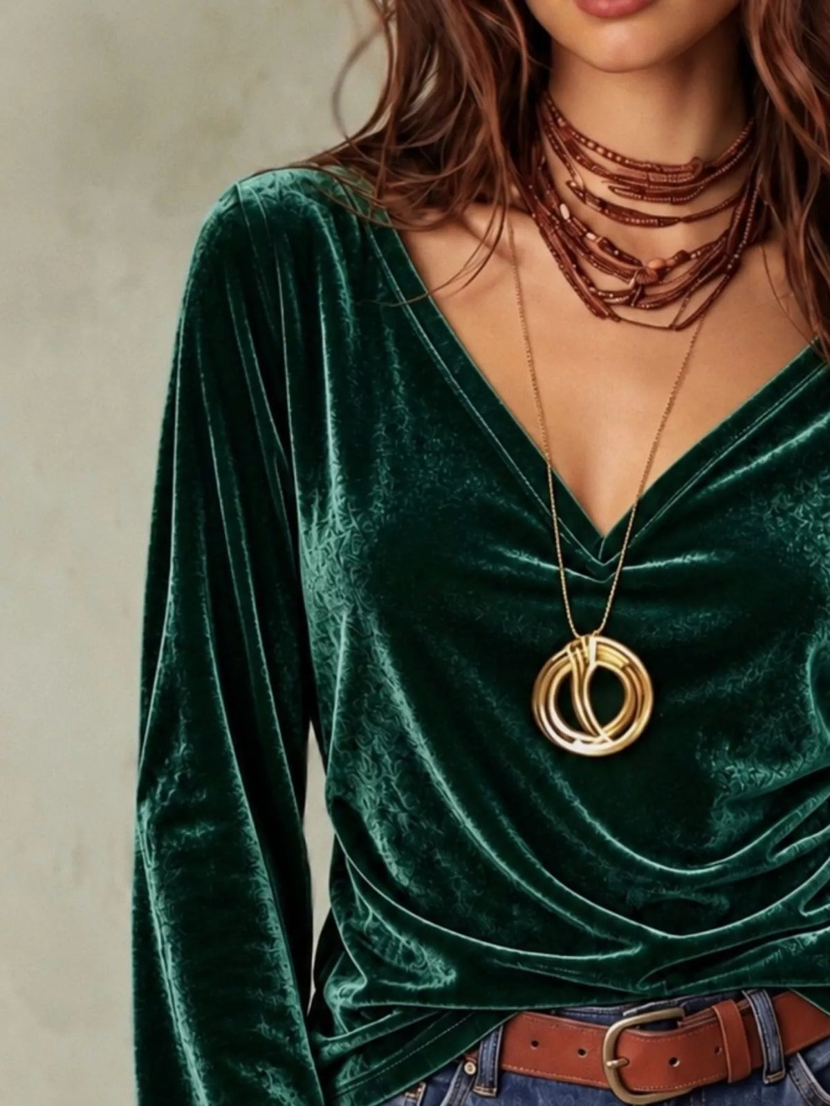 full size v-neck long sleeve velvet blouse plus | dropsona - neutral - usage example