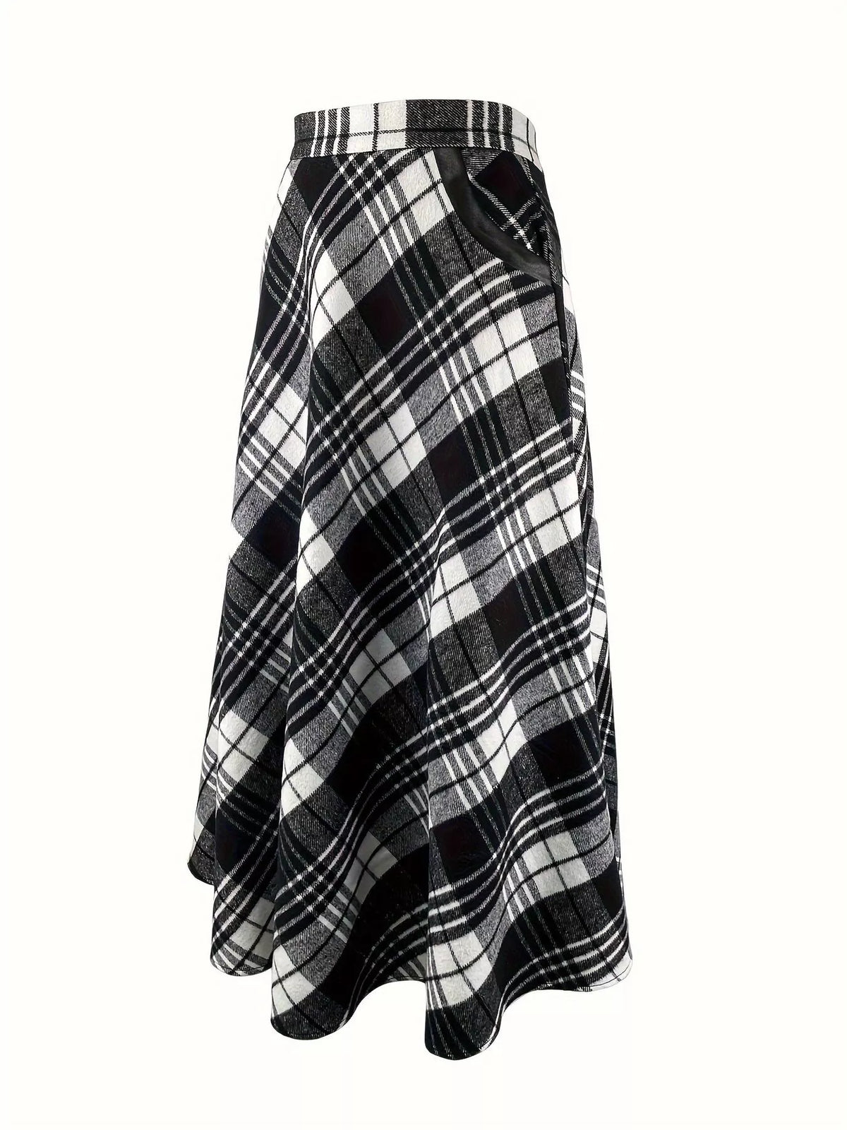 plaid a-line midi skirt with pockets | dropsona - neutral - close-up detail