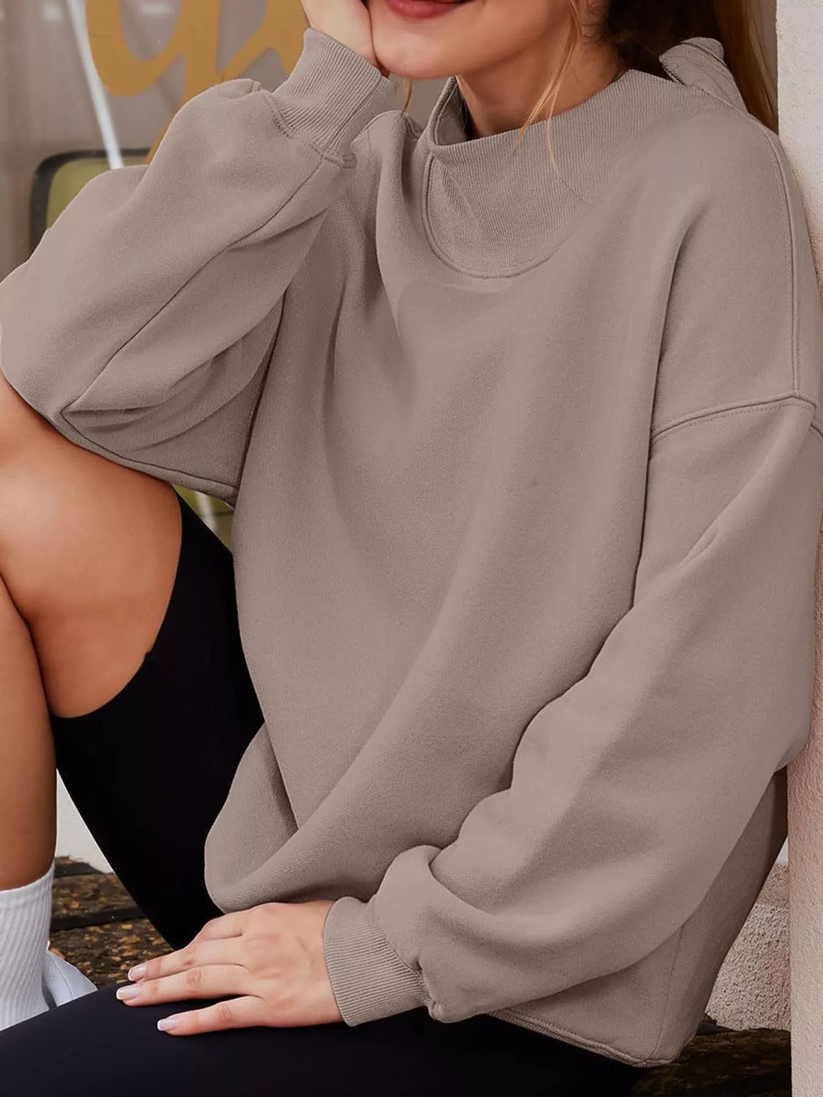 oversized mock neck long sleeve sweatshirt | dropsona - neutral - usage example