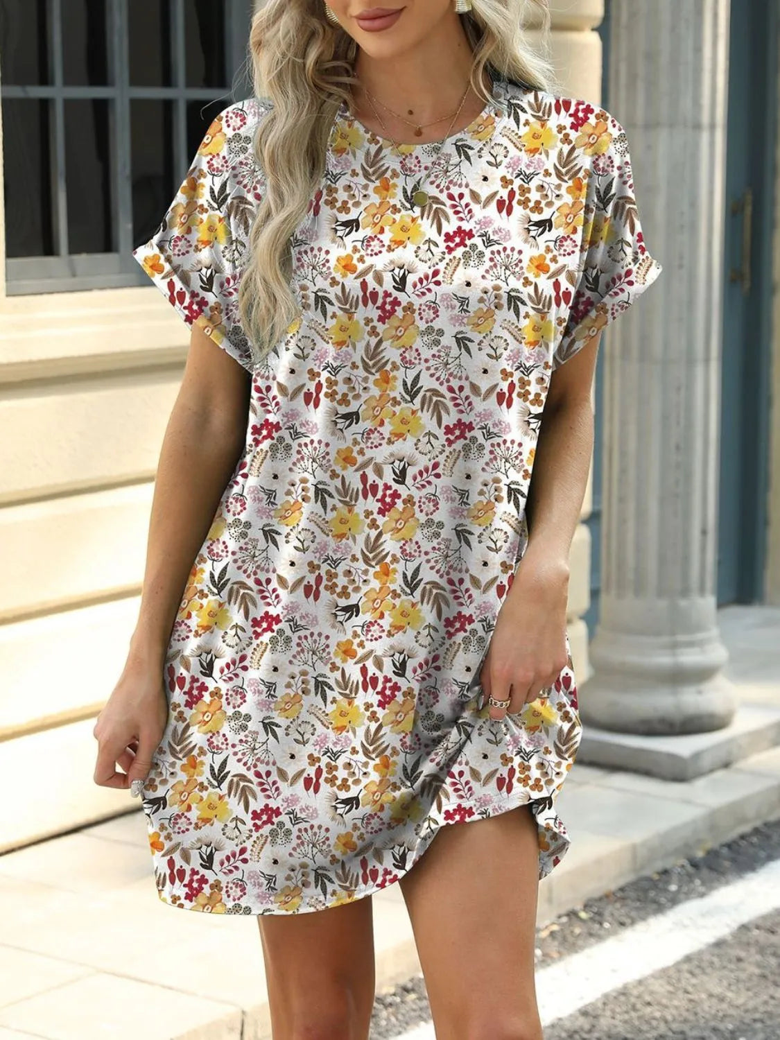 printed round neck short sleeve mini dress - front view