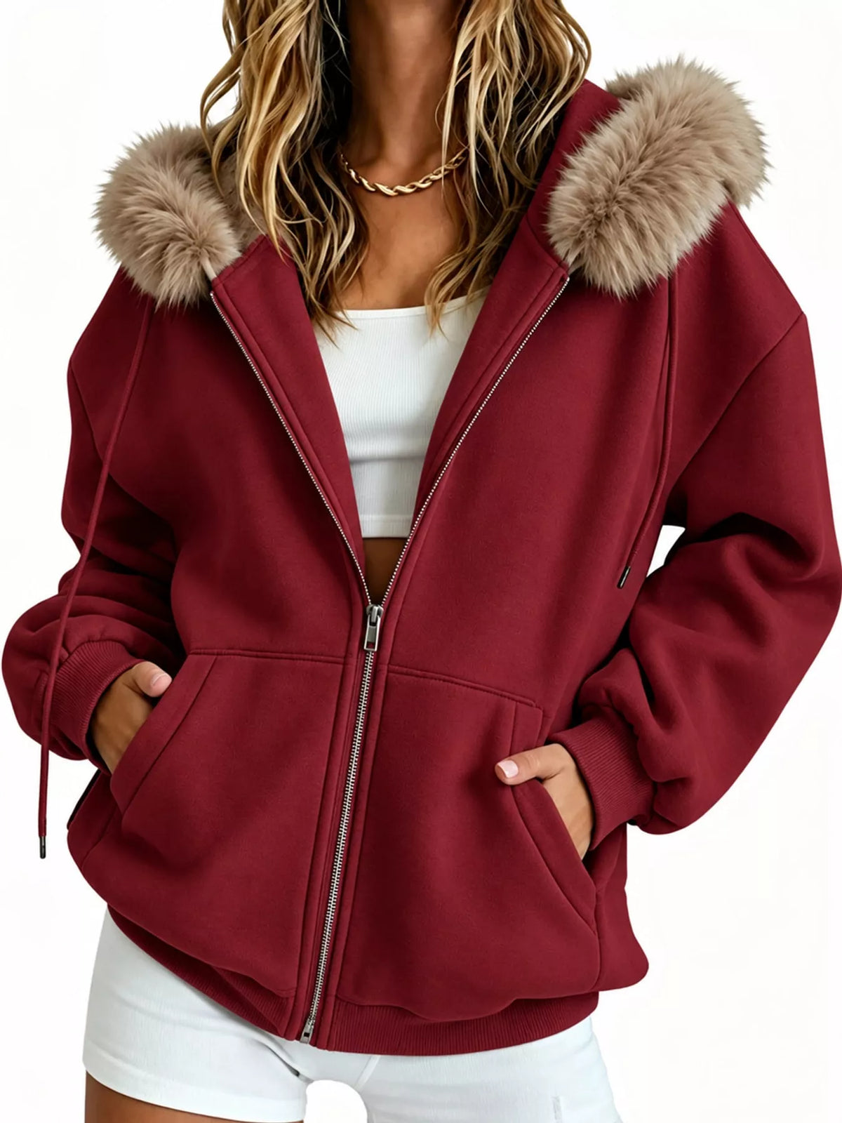 full size faux fur hood zip-up hoodie plus | dropsona - neutral - close-up detail