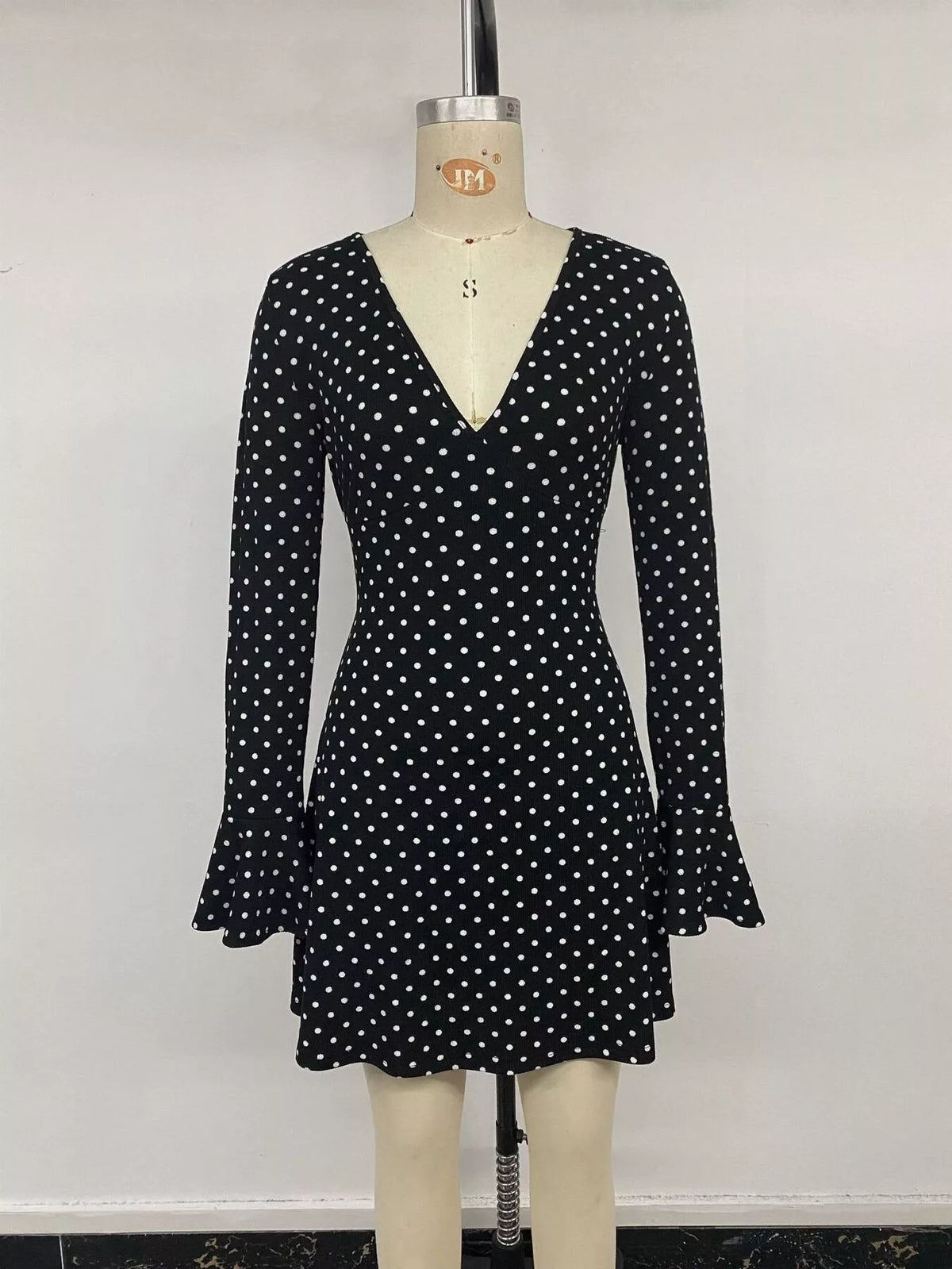 polka dot long sleeve ruffle hem mini dress | dropsona - neutral - usage example