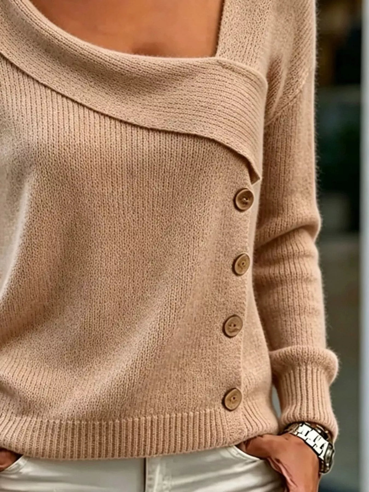 asymmetric neckline button-decorated sweater | dropsona - neutral - usage example