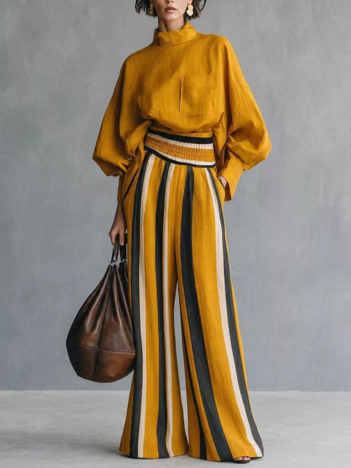 full size mock-neck blouse and striped wide-leg | dropsona - neutral - size reference
