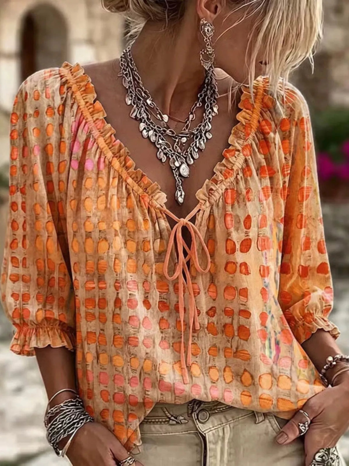 full size tie neck 3/4 sleeve blouse plus | dropsona - neutral - packaging