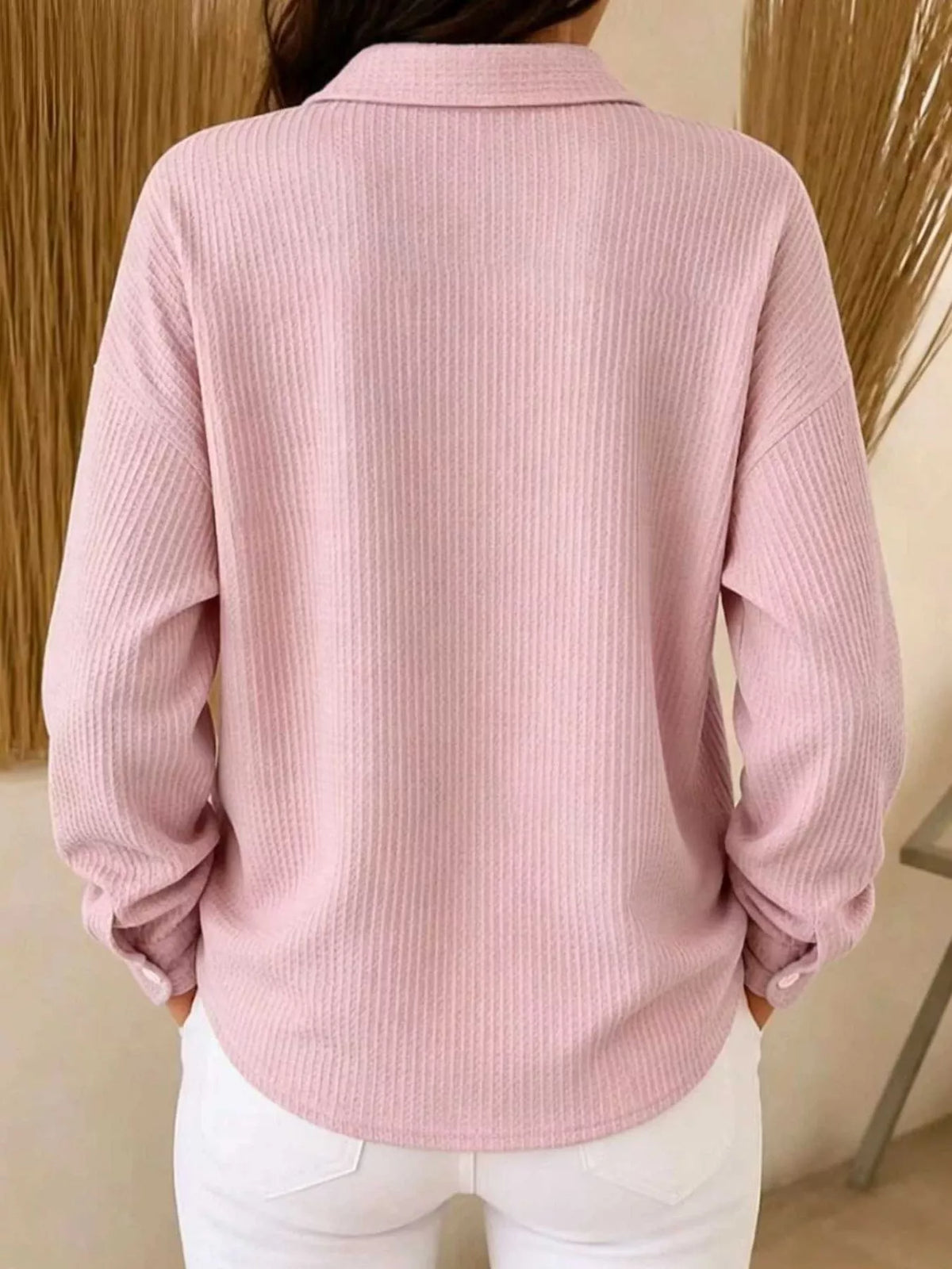 waffle knit snap down blouse – buttoned | dropsona - neutral - front view