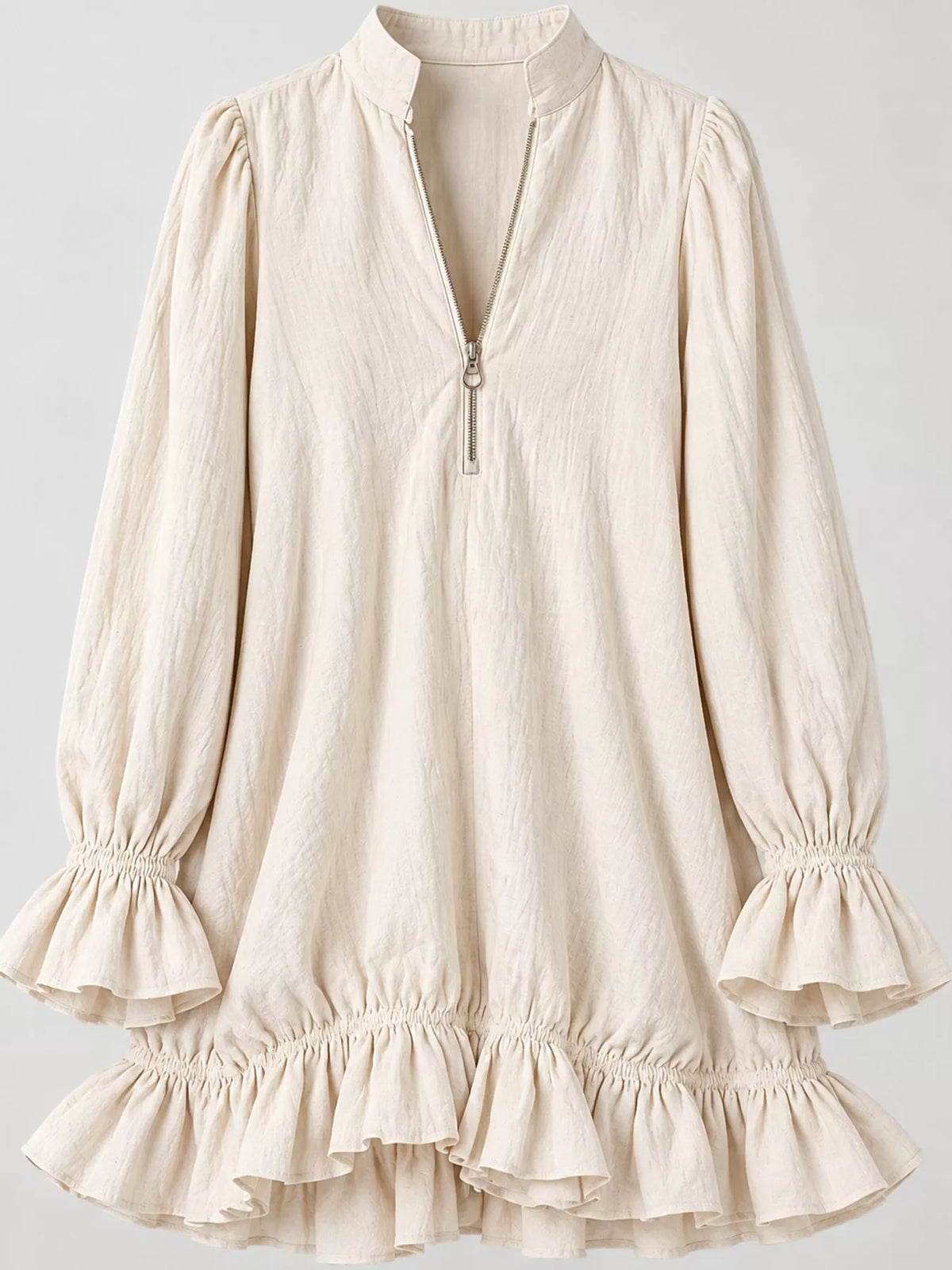 zipper-front ruffle hem mini dress – zipper, ruffled | dropsona - neutral - packaging