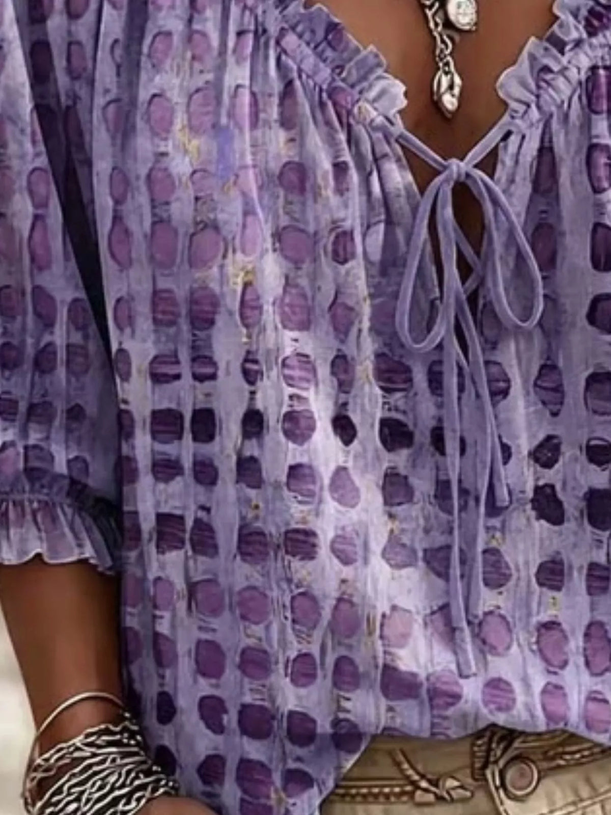full size tie neck 3/4 sleeve blouse plus | dropsona - neutral - material texture