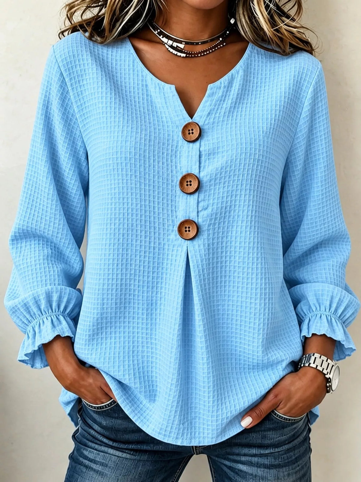 full size waffle knit flounce sleeve blouse plus | dropsona - neutral - material texture