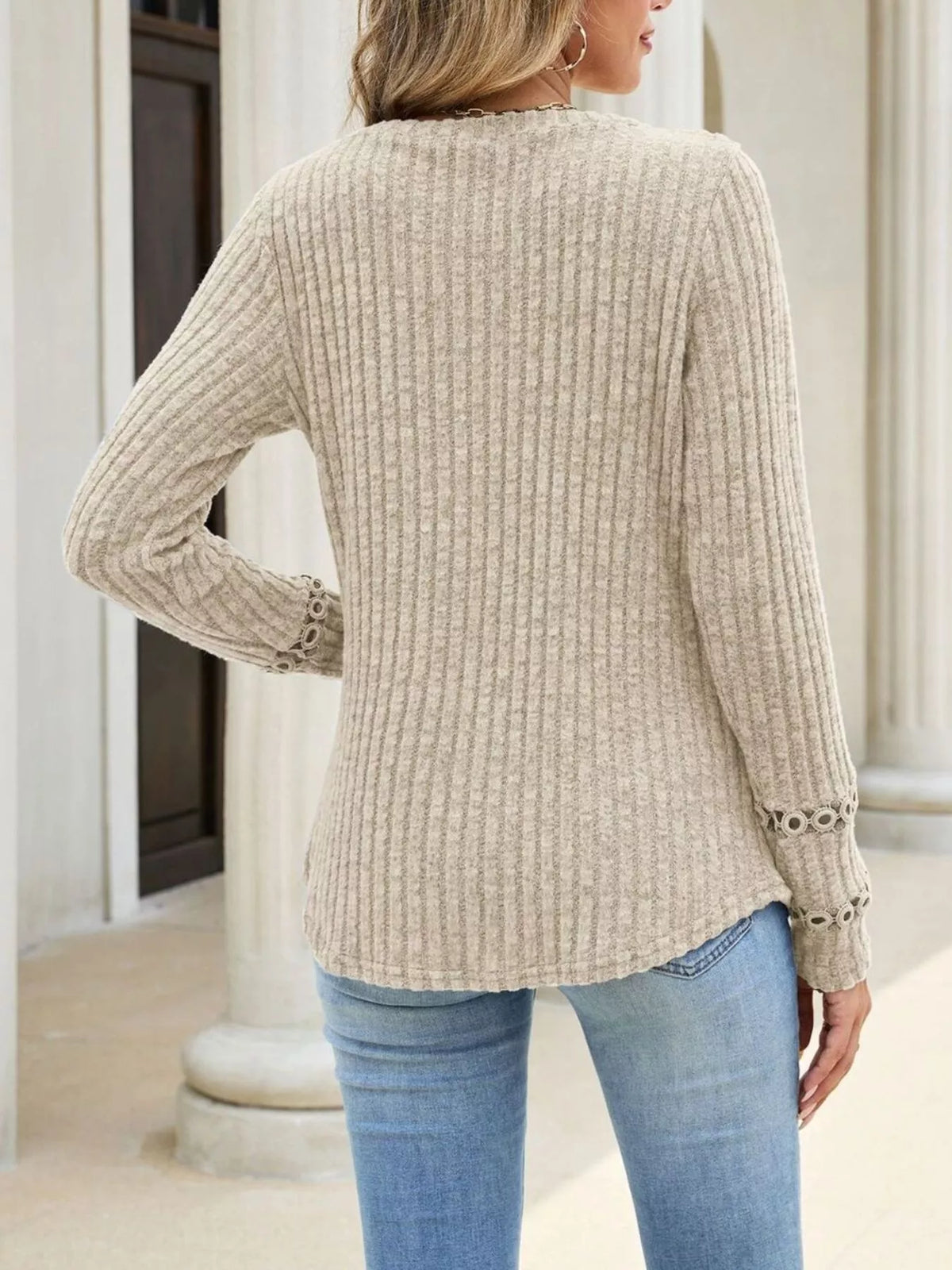 v-neck ribbed knit top with eyelet cuff detail | dropsona - neutral - usage example