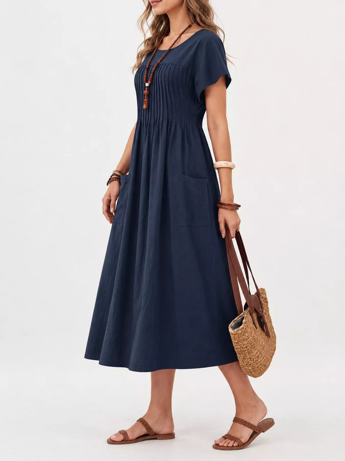 full size elegant pleated casual midi dress with | dropsona - neutral - close-up detail