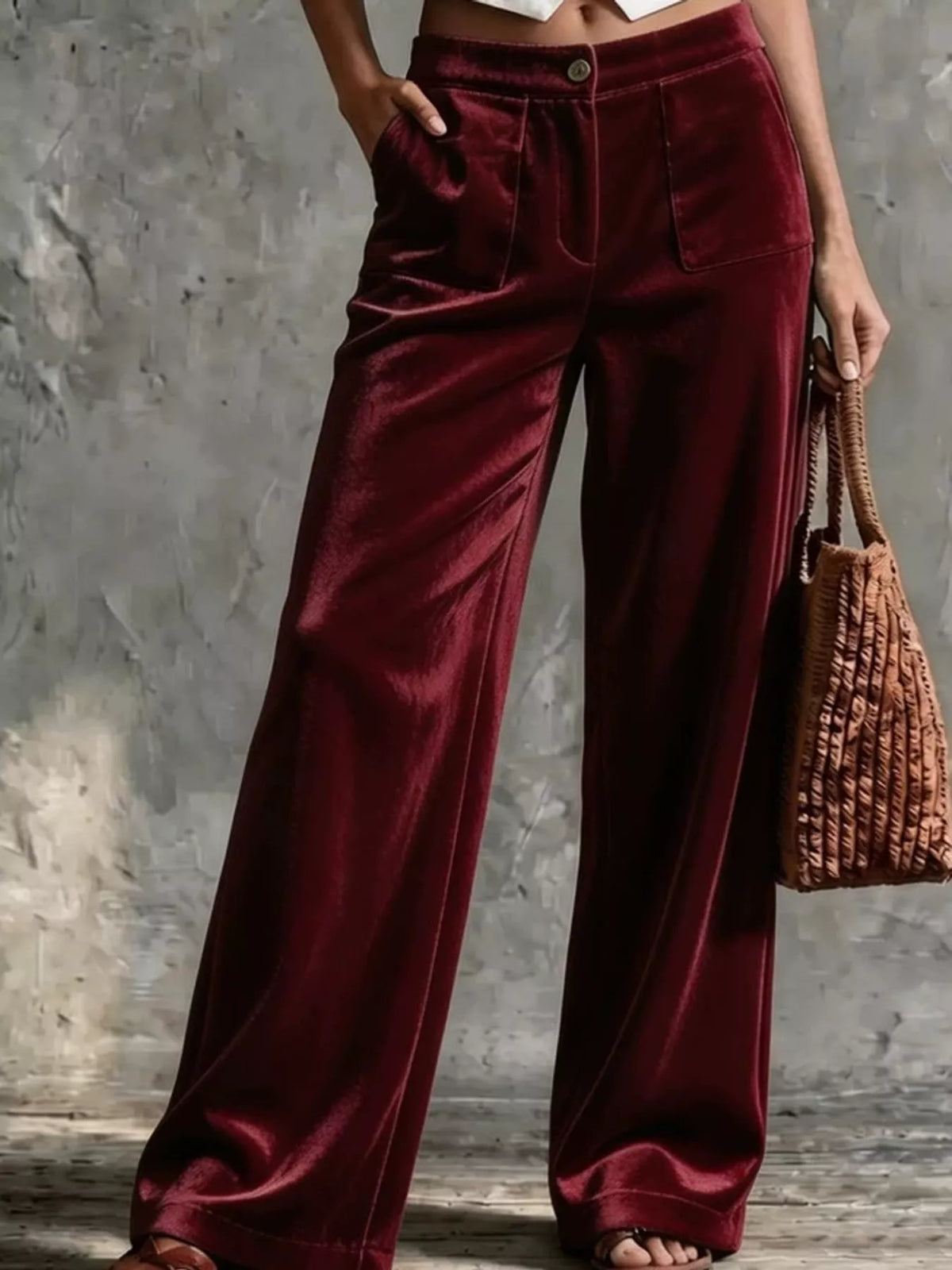 full size high-waisted wide-leg velvet pants with | dropsona - neutral - material texture