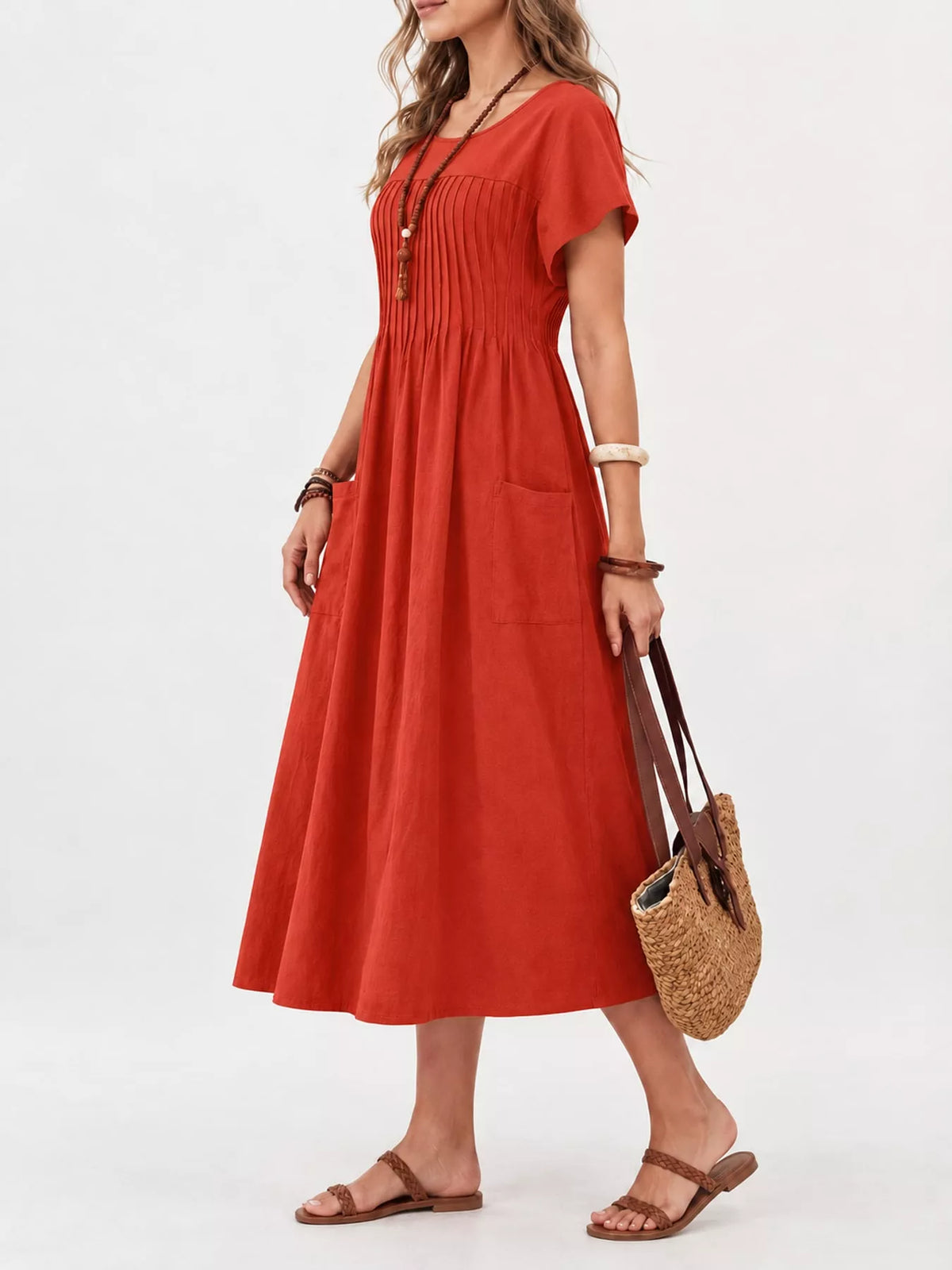 full size elegant pleated casual midi dress with | dropsona - neutral - front view