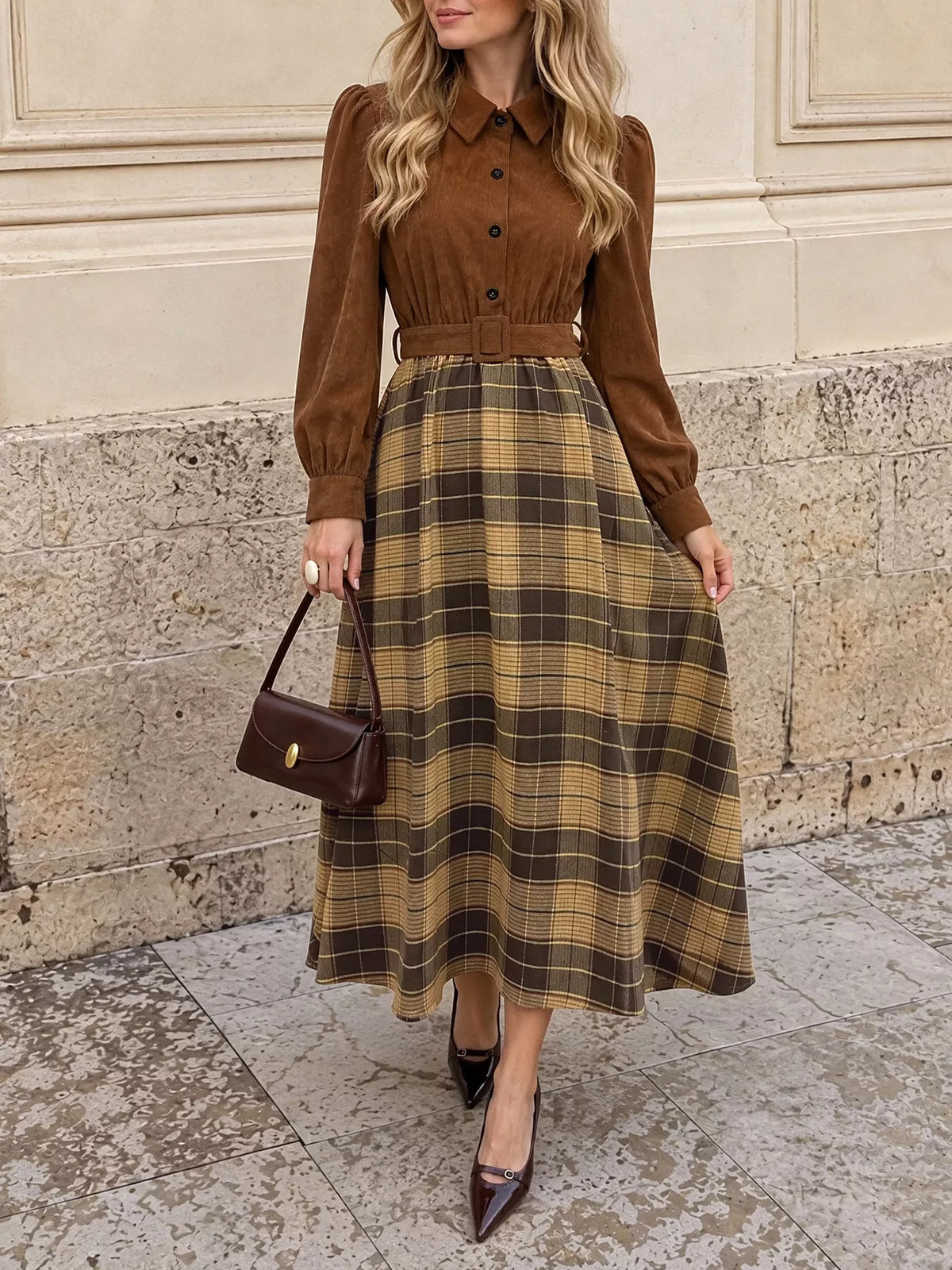 corduroy patchwork plaid midi dress – buttoned,belted | dropsona - neutral - size reference
