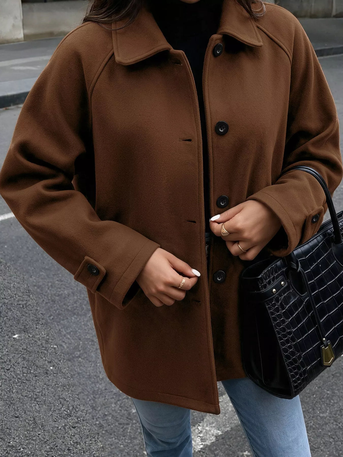 button up raglan sleeve coat – buttoned,thermal fit | dropsona - neutral - size reference