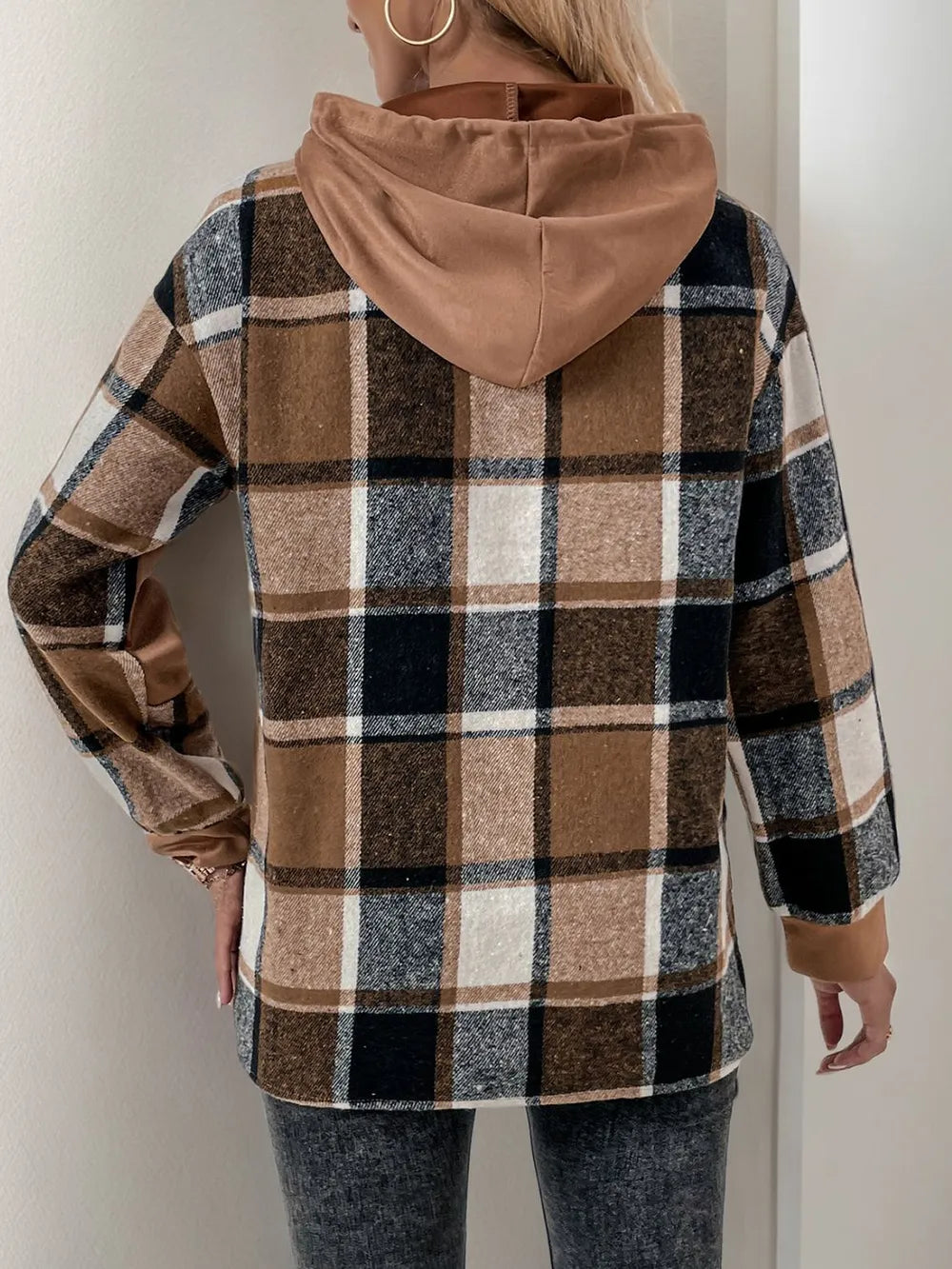 perfee drawstring slit plaid long sleeve hoodie | dropsona - neutral - front view