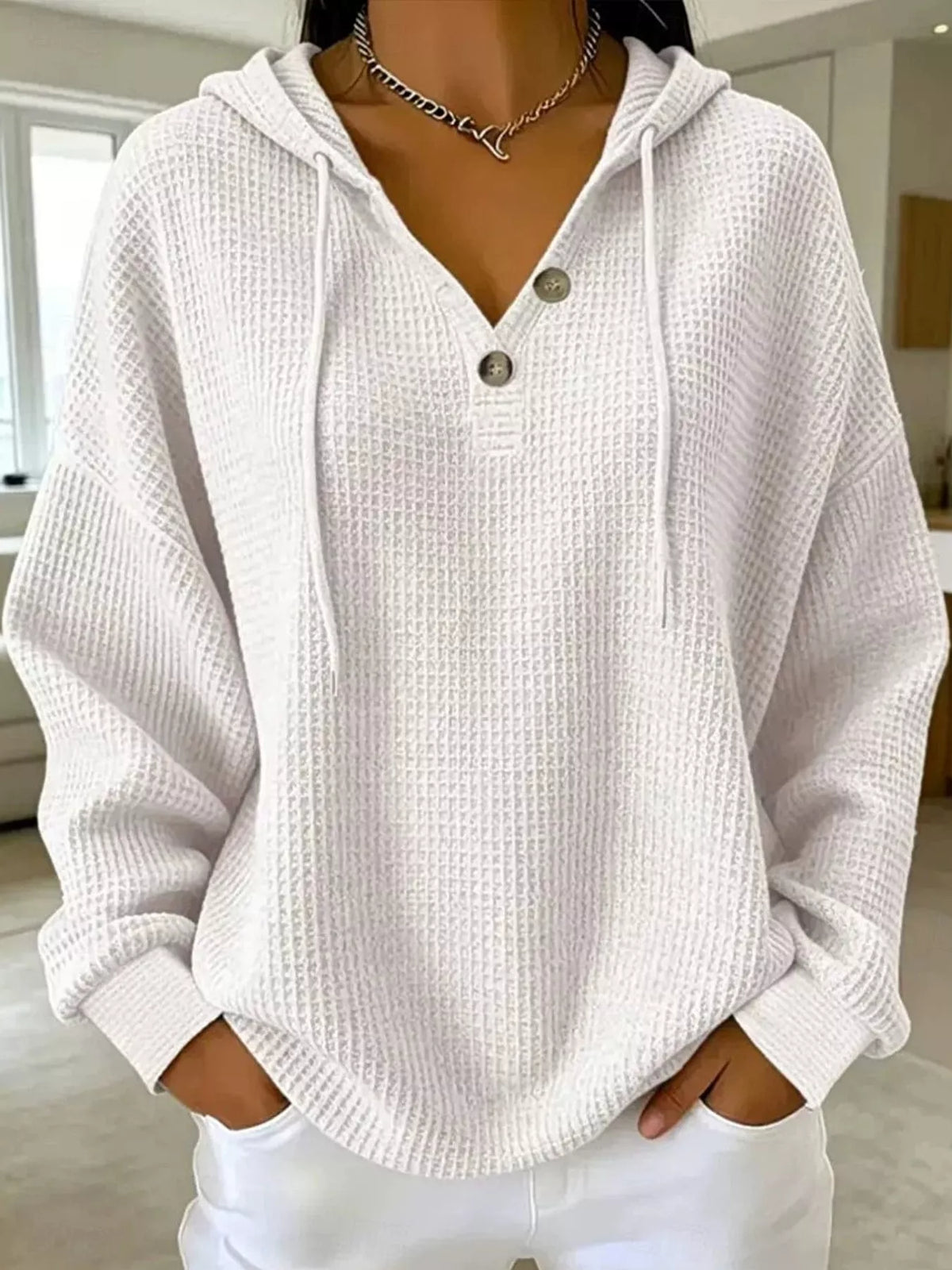 full size waffle knit button detail hoodie plus | dropsona - neutral - everyday use