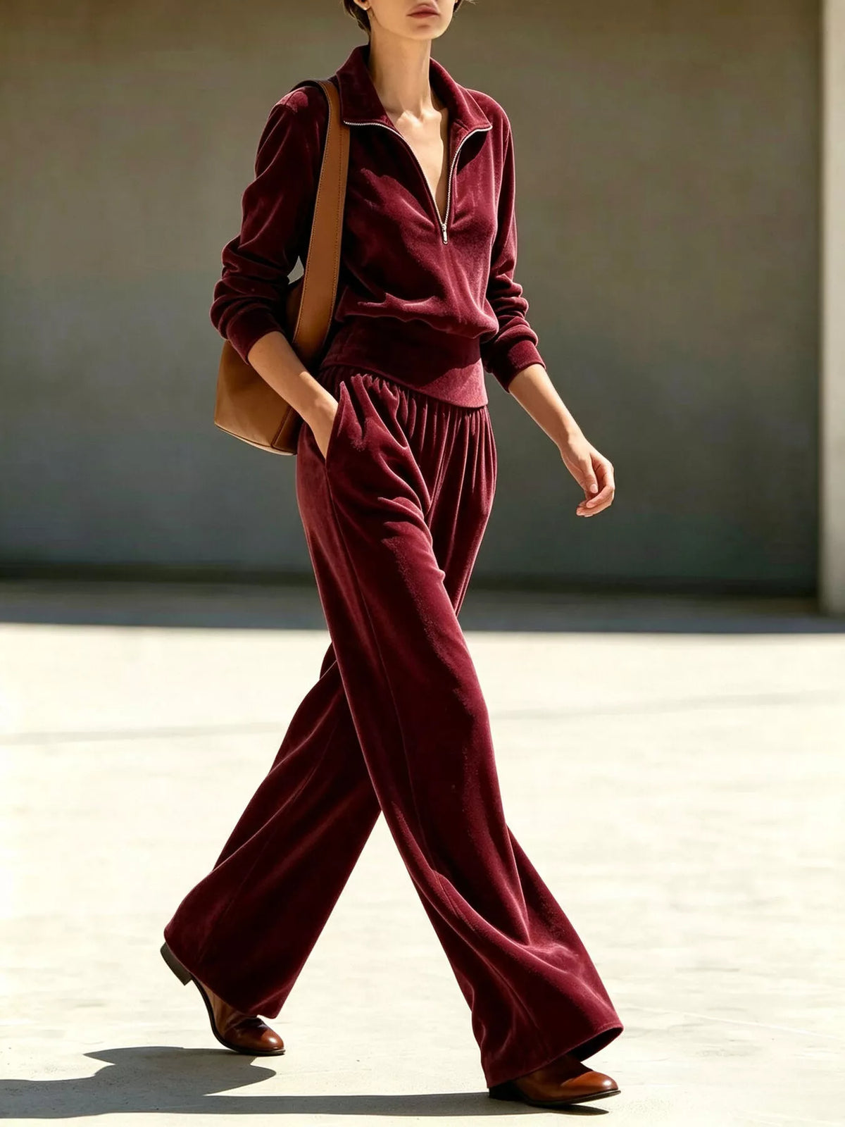 full size quarter-zip top and wide-leg pants set plus | dropsona - neutral - material texture