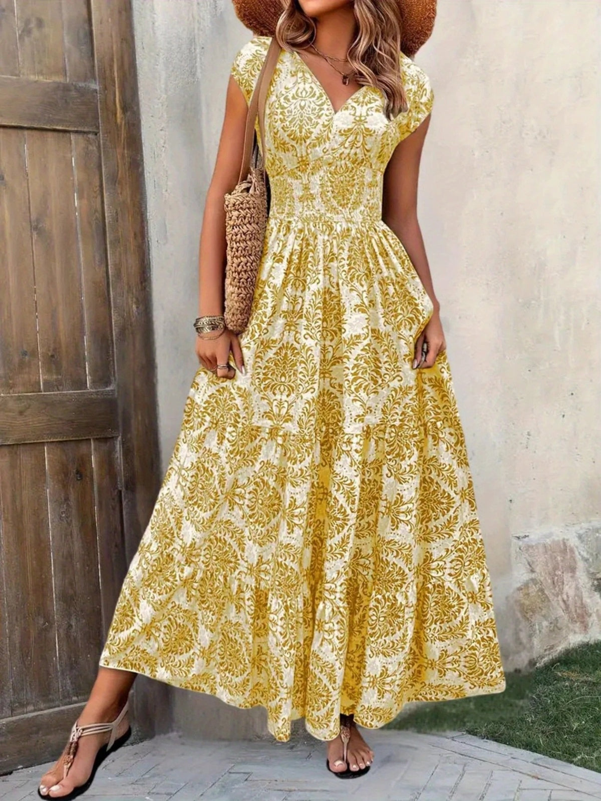 printed cap sleeve maxi dress – tiered,smocked | dropsona - neutral - usage example