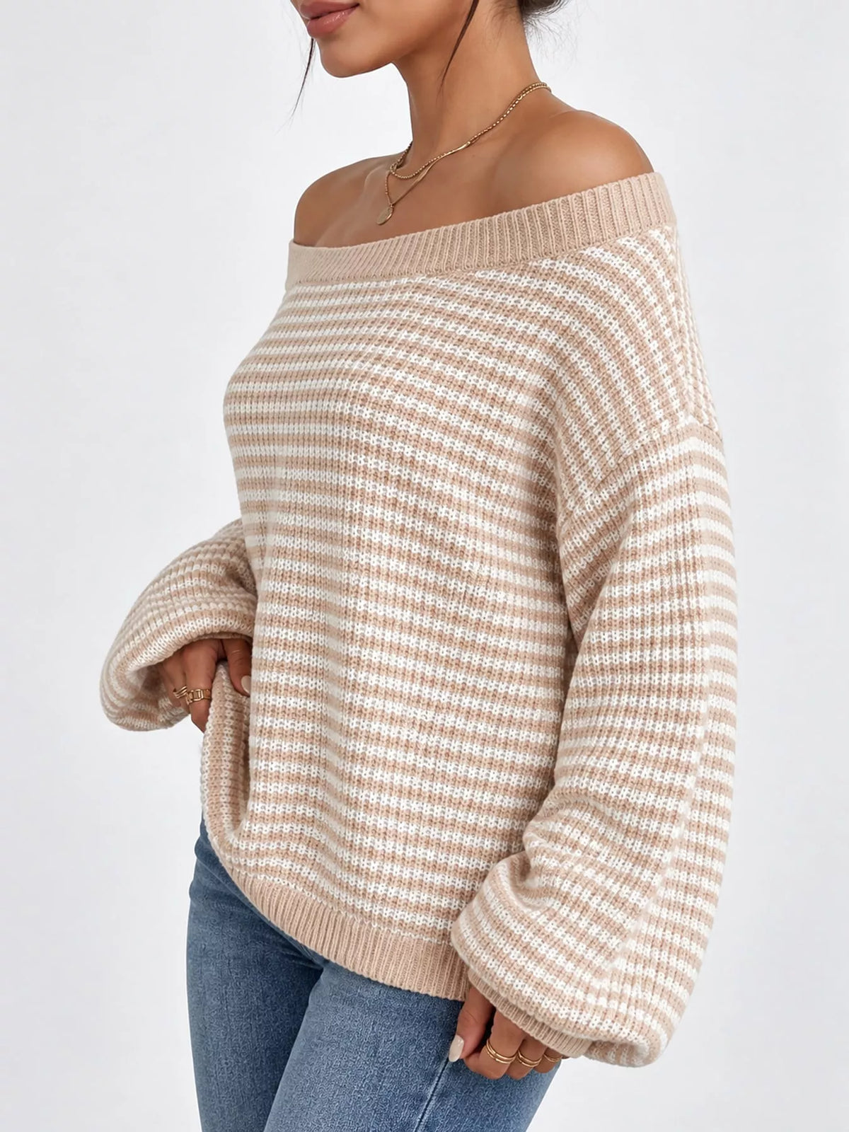 striped knit boat neck sweater – oversized,ribbed fit | dropsona - neutral - material texture