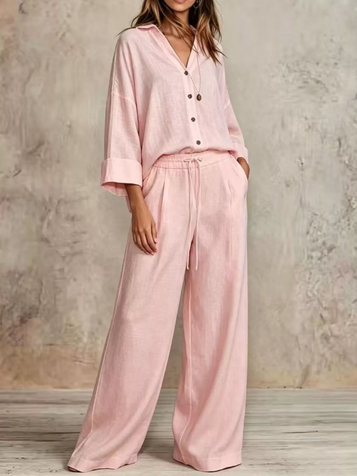 full size button-down shirt and wide-leg pants set | dropsona - neutral - material texture