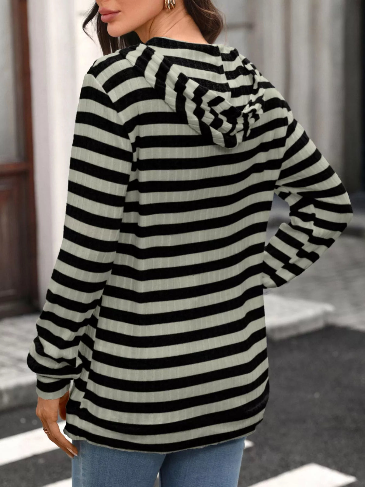 casual striped ribbed knit hoodie with kangaroo pocket | dropsona - neutral - usage example