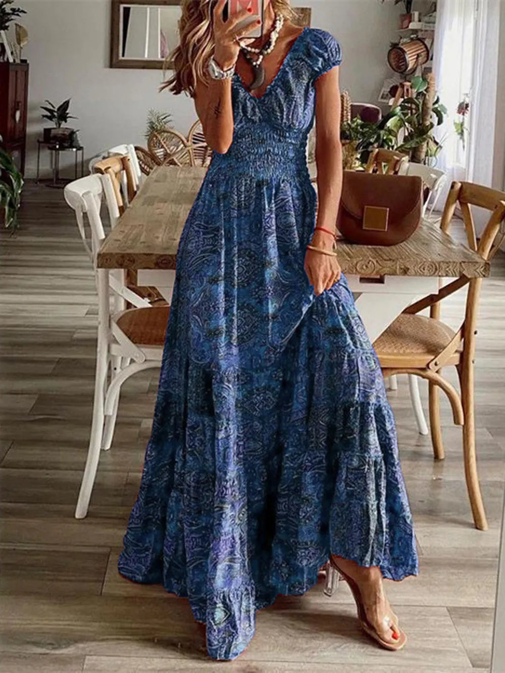 full size smocked printed v-neck short sleeve dress - close-up detail