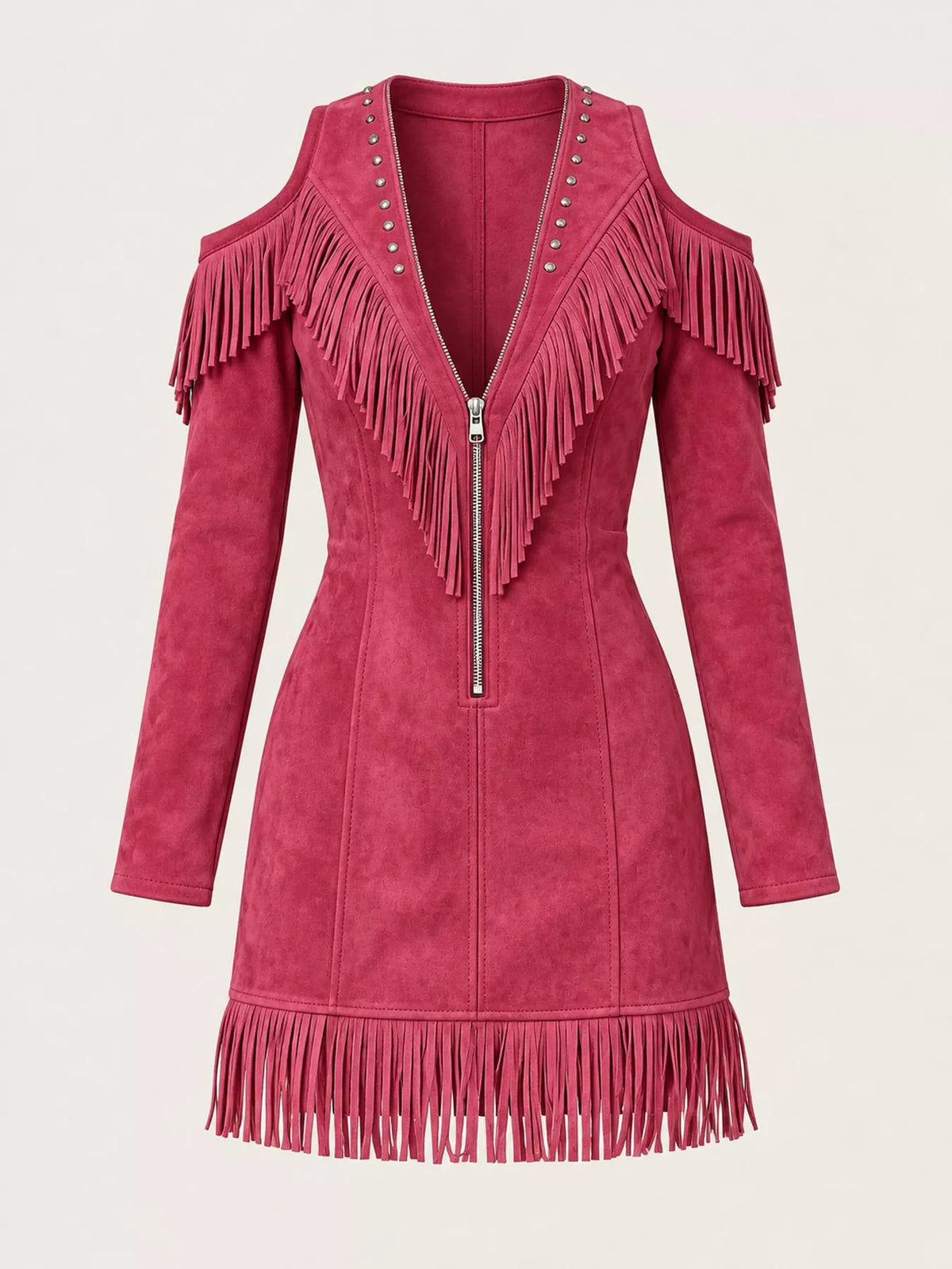 full size fringed cold-shoulder zip-front mini dress | dropsona - neutral - front view