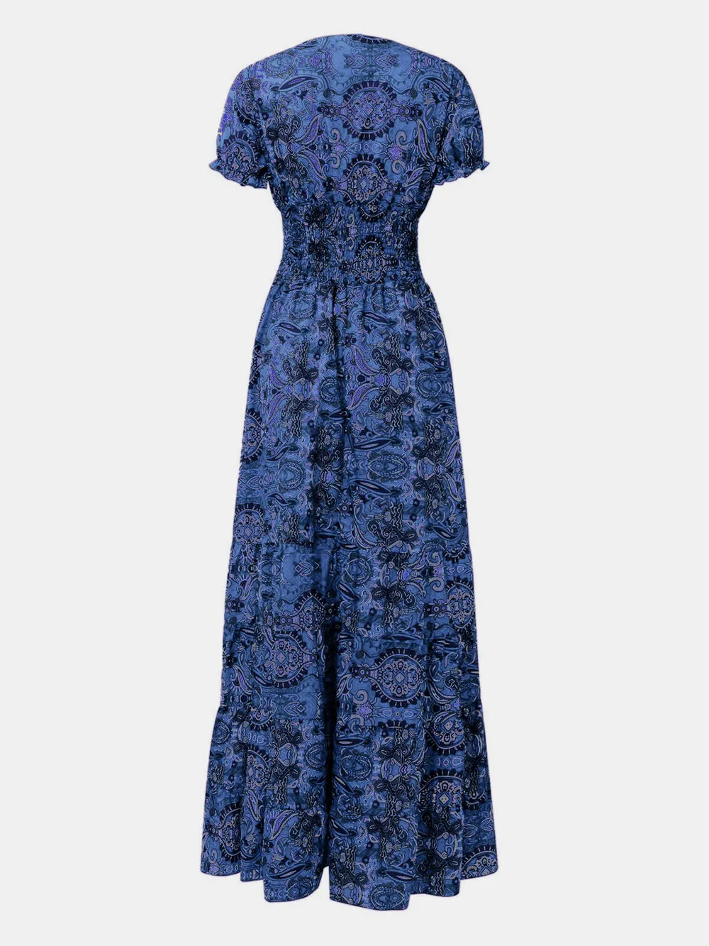 full size smocked printed v-neck short sleeve dress - size reference