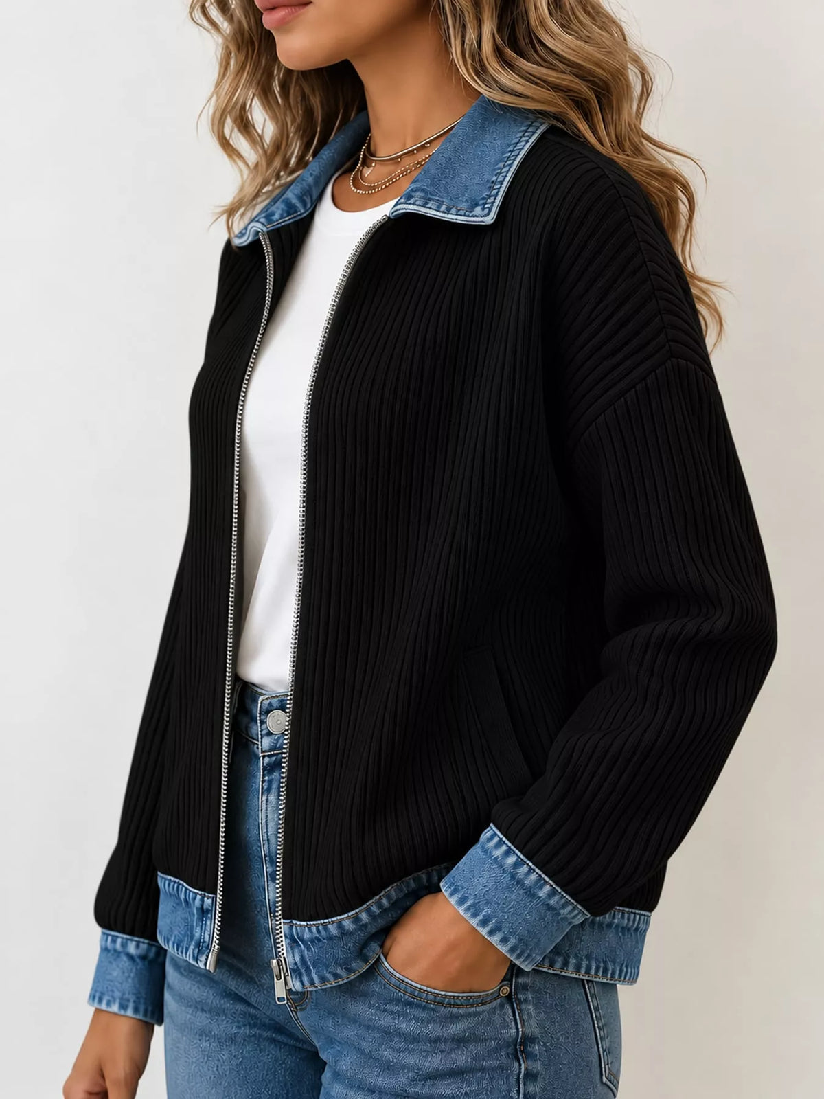 full size denim-collar ribbed knit zip-up jacket plus | dropsona - neutral - packaging