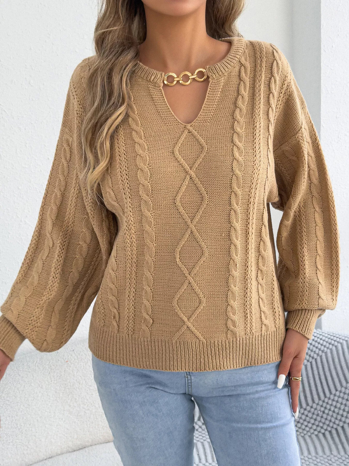 cable knit notched sweater – basic style | dropsona - neutral - front view