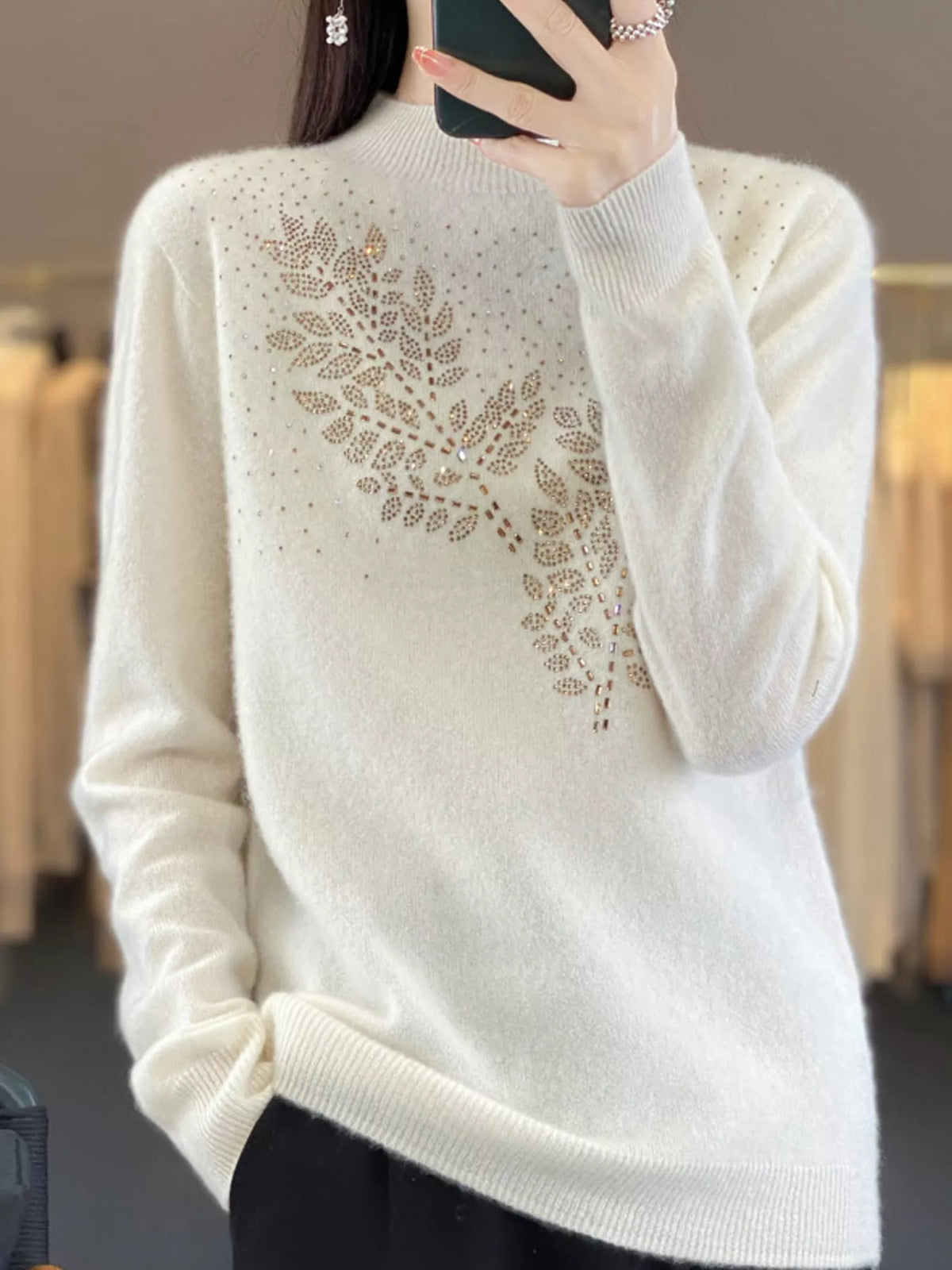 rhinestone leaf mock neck sweater | dropsona polyester - neutral - front view