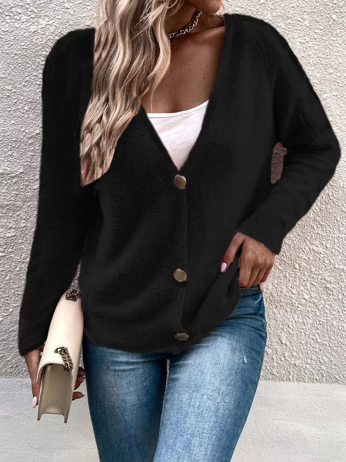 soft fuzzy v-neck button-down cardigan – buttoned | dropsona - neutral - material texture