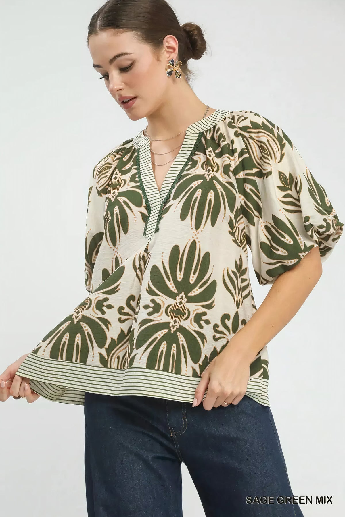 umgee mix printed puff sleeve top with contrast trim - everyday wear