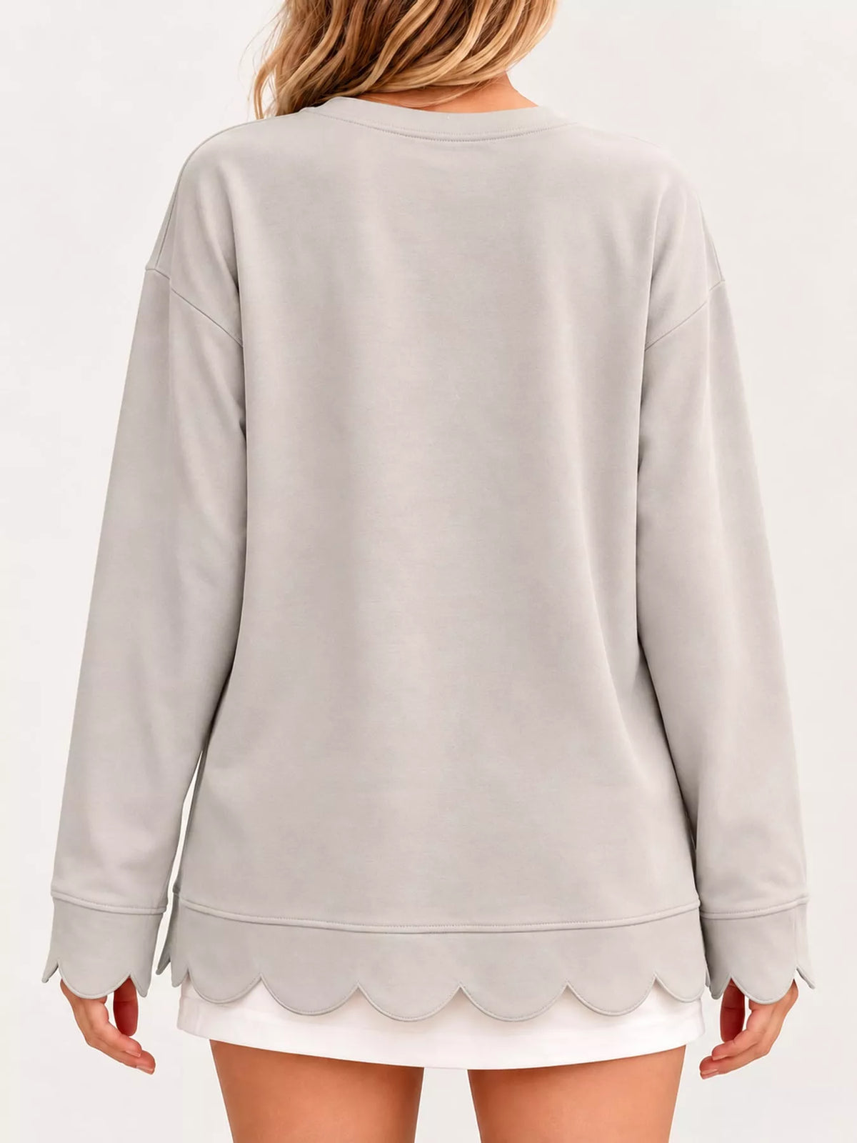 full size casual scalloped hem crewneck sweatshirt | dropsona - neutral - close-up detail