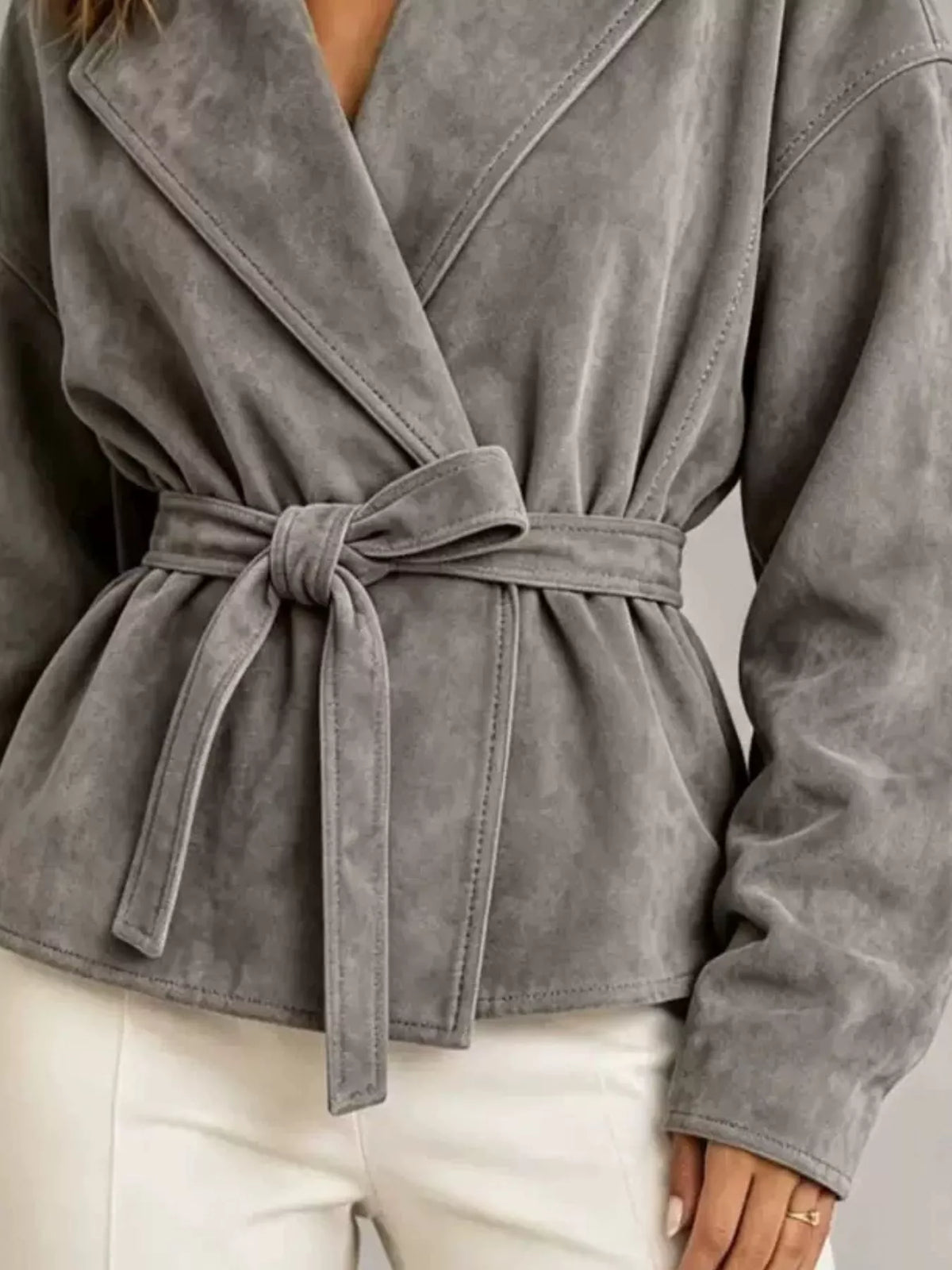 tie-waist lapel collar jacket – yeesh | dropsona - neutral - usage example