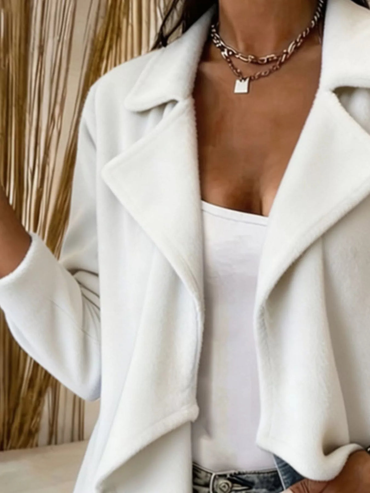 full size fleece waterfall collar outerwear plus | dropsona - neutral - front view