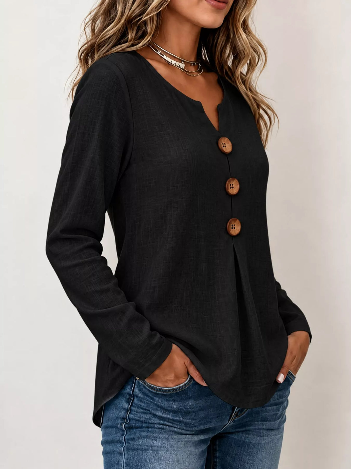full size long sleeve blouse with decorative wooden | dropsona - neutral - close-up detail