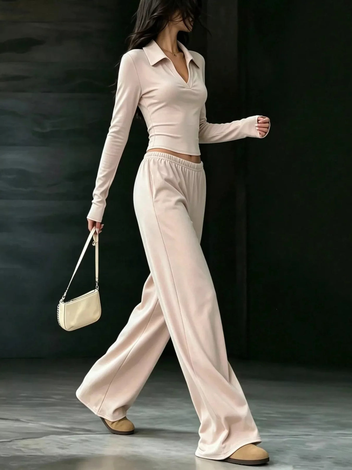 long-sleeve polo top and wide-leg pants set | dropsona - neutral - material texture