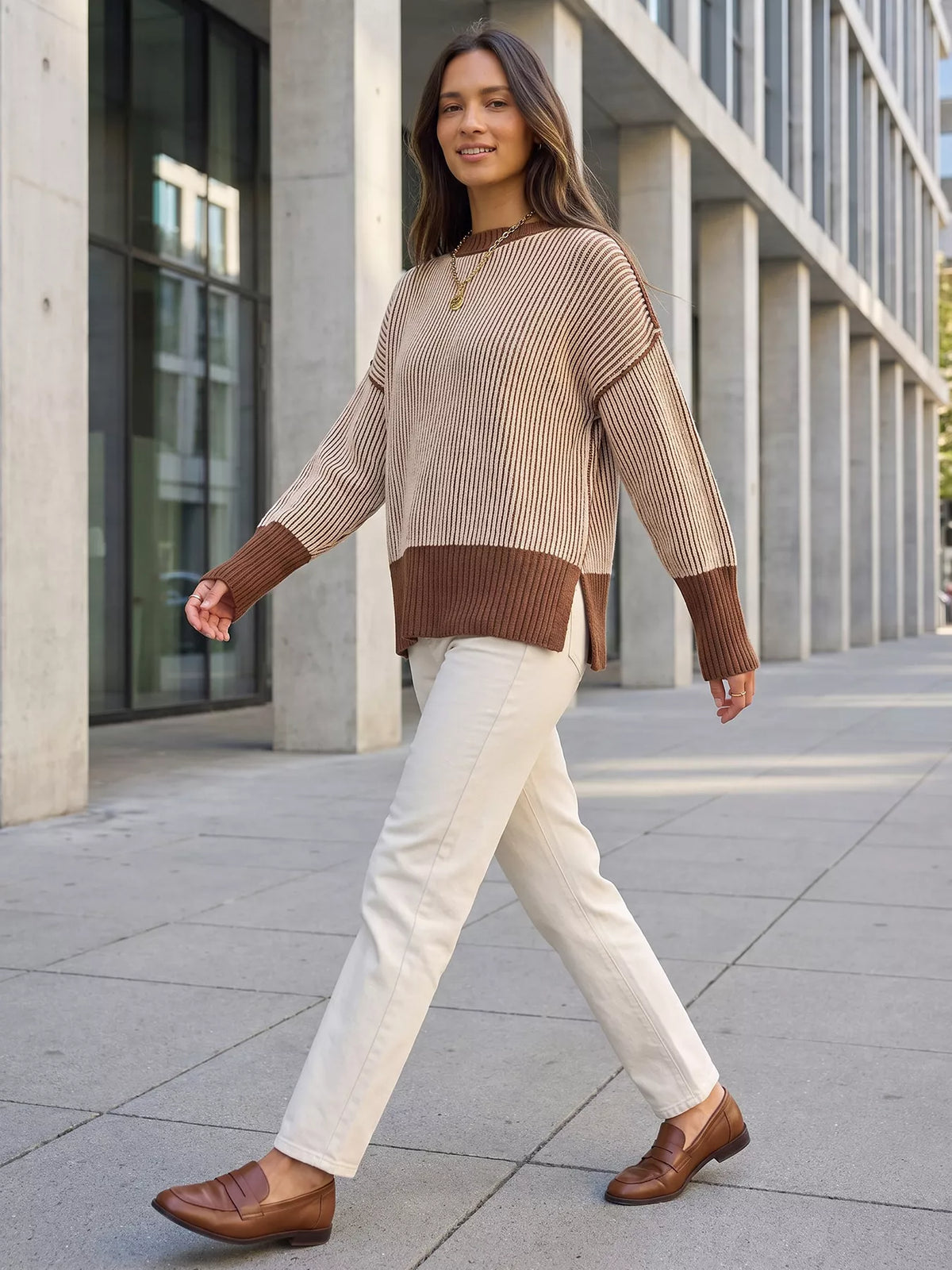 ribbed knit side slit sweater – basic style | dropsona - neutral - usage example