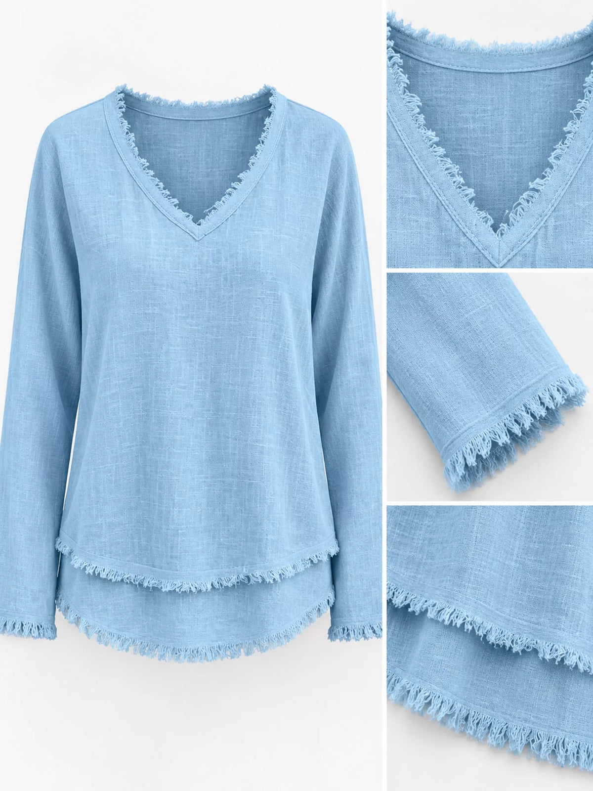 full size frayed hem v-neck blouse plus | dropsona - neutral - front view