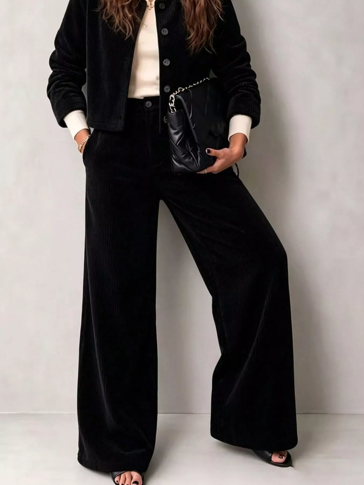 full size corduroy button-down jacket and wide-leg | dropsona - neutral - close-up detail