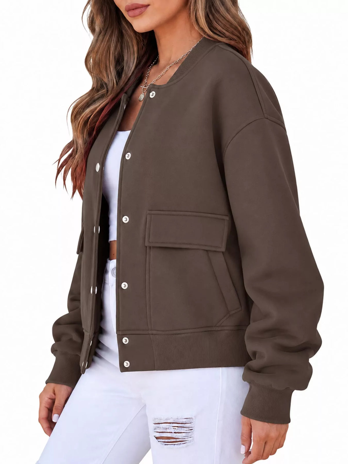 snap-button dropped shoulder jacket | dropsona - neutral - front view