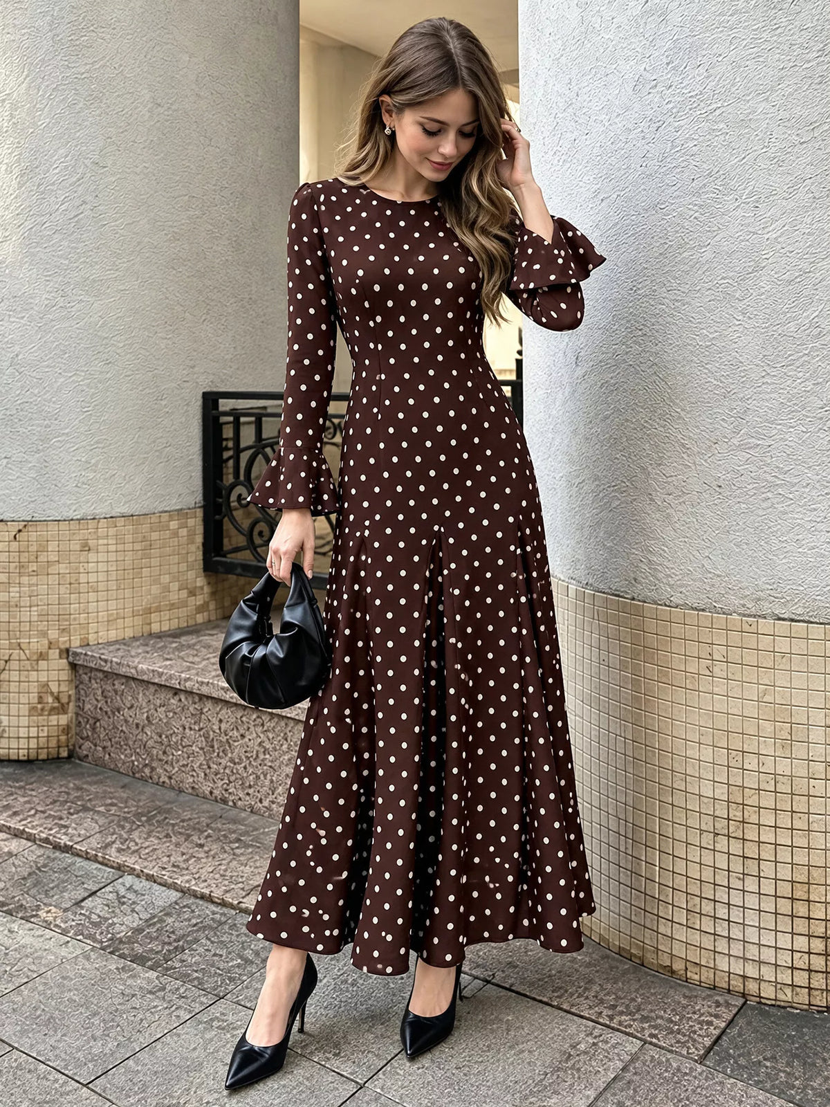 polka dot long sleeve maxi dress – zipper | dropsona - neutral - everyday use