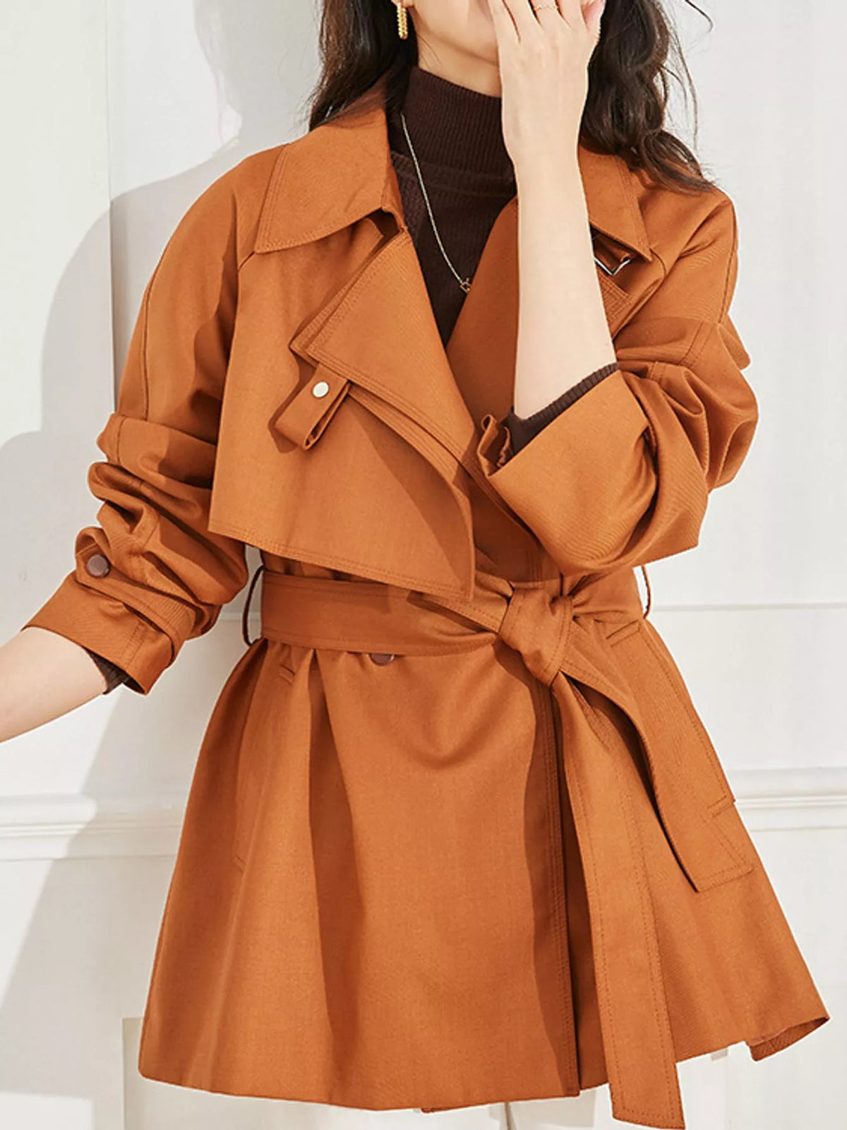 double-breasted tie waist trench coat | dropsona - neutral - close-up detail