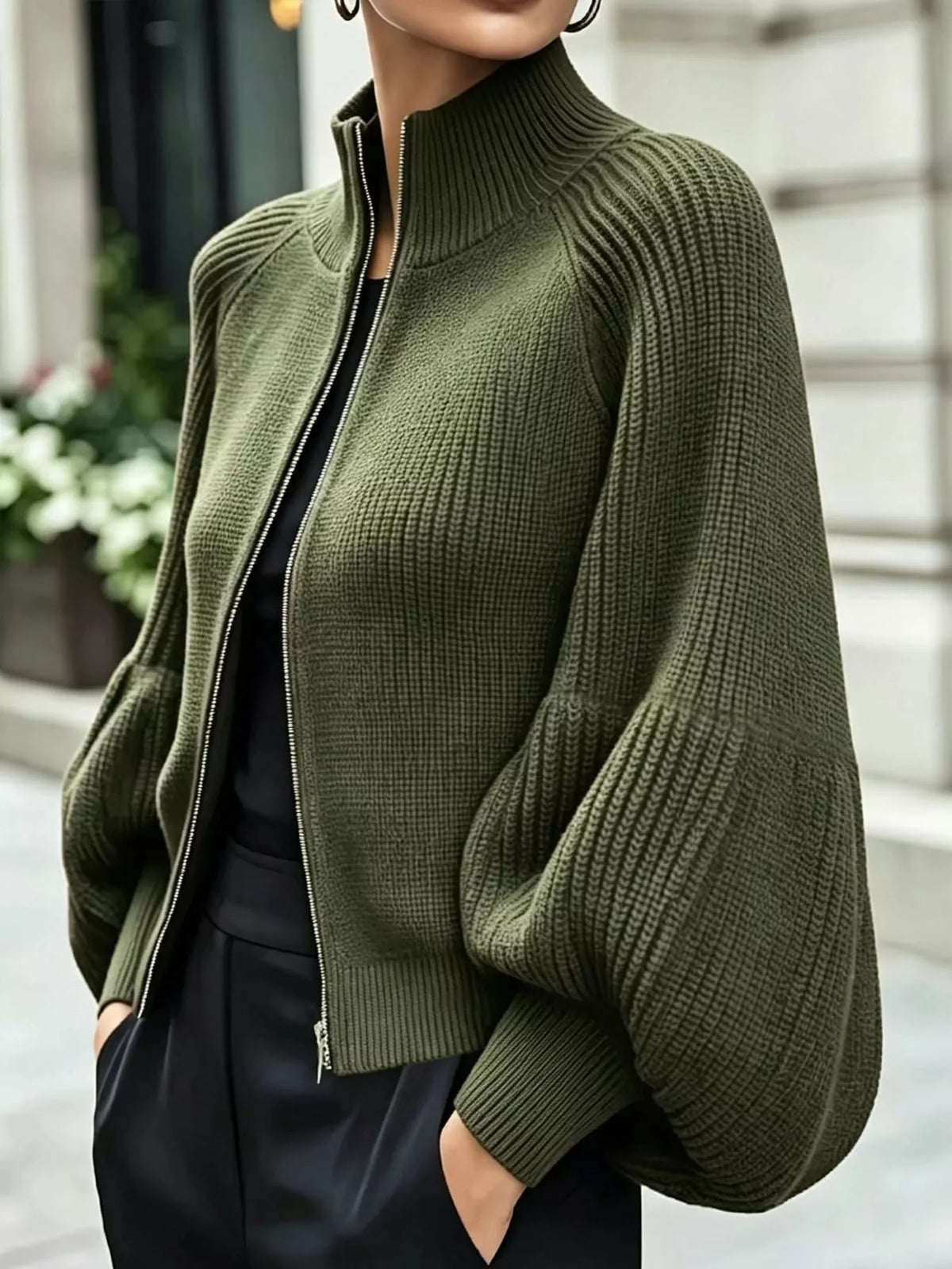 full size elegant ribbed knit zip-up cardigan with | dropsona - neutral - front view