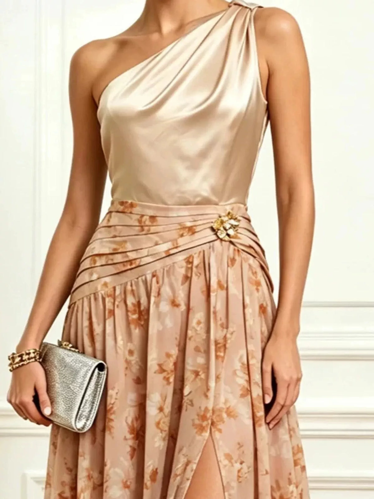 elegant one-shoulder floral print high-slit evening | dropsona - neutral - close-up detail